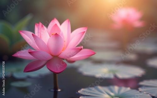 Wallpaper Mural A serene pink lotus flower blooming above tranquil water, surrounded by lush green leaves. Torontodigital.ca