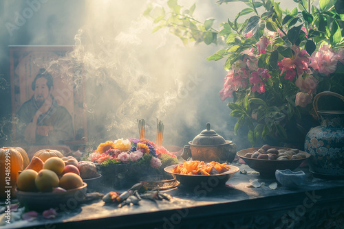 Traditional Qingming Festival offerings at ancestral shrine photo