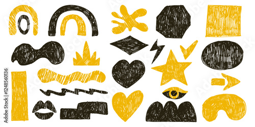 Abstract Grunge Shapes with Hand Drawn Scribble Texture. Organic doodle elements. Retro design perfect for posters, print, fashion, wallpapers 