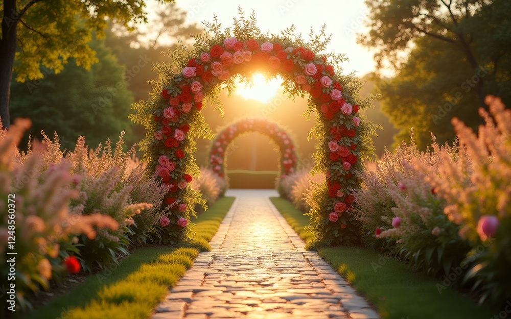 Fototapeta premium A serene garden pathway with floral arches and golden sunlight filtering through, creating a magical atmosphere.