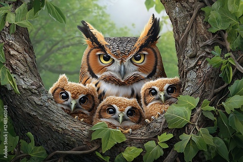 Owl family caring for young owlets forest nest wildlife photography natural habitat close-up view photo