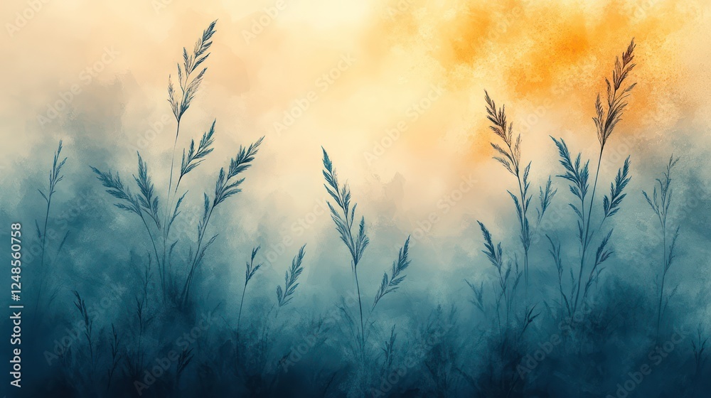 Obraz premium Serene Sunset Meadow: A Watercolor Painting of Tranquil Grasslands