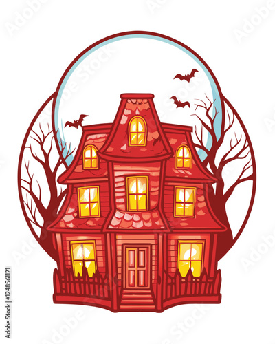 A spooky, dilapidated haunted house at night, illuminated by eerie glowing yellow windows, with a single bat silhouetted against the light.