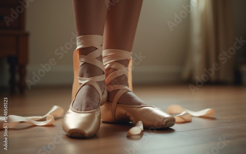 An elegant pair of ballet shoes with ribbons lying on a wooden floor, showcasing the beauty of dance.