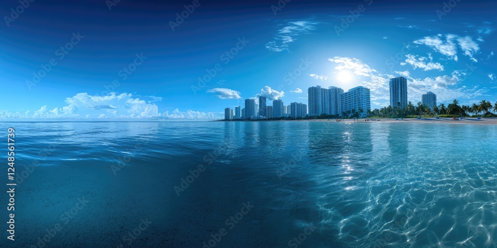 Fototapeta premium Breathtaking Panoramic View of Downtown Miami Skyline Against a Serene Blue Bay