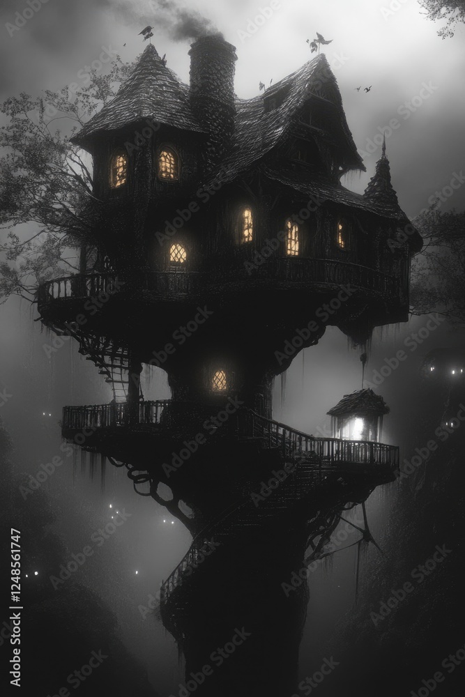 Obraz premium Enchanted Tree Abode: A Dreamy Adventure in a Bright, Dark World