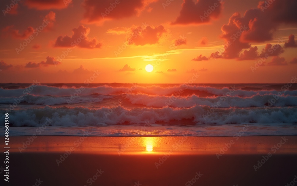 A stunning sunset over the ocean, casting vibrant colors across the waves and sandy shore.