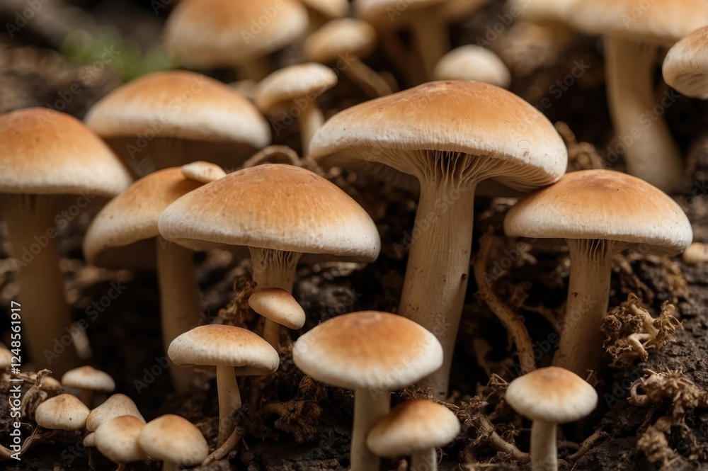 Mushrooms growing in a forest floor during a sunny afternoon in late autumn Mushrooms growing in a forest floor during a sunny afternoon in late autumn