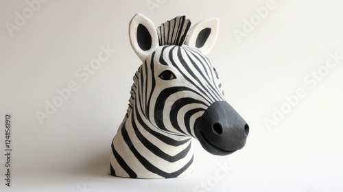 Ceramic zebra head sculpture, minimalist background, home decor photo