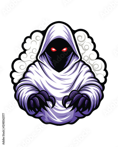A mysterious hooded figure, eyes glowing crimson, shrouded in dark, tattered robes, stands in shadow.