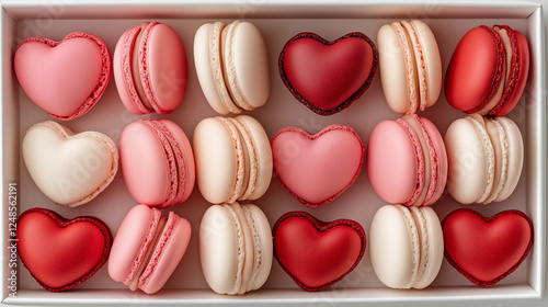 colorful macaroons on a table, heart-shaped pink and red macarons, Valentine's day, dessert