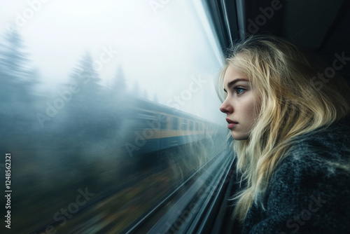 blonde, girl, train, window, fog, weather, sad, look, reflection, lonely, travel, journey, outdoors, sadness, melancholy, thinking, foggy, view, morning, landscape, railway, foggyweather, trainride, t