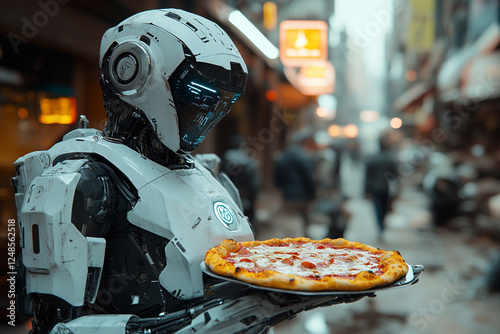 Robot cook make pizza, cyberpunk style, destroyed city photo