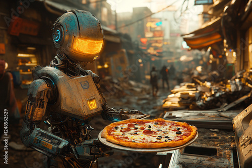 Robot cook make pizza, cyberpunk style, destroyed city photo
