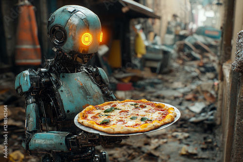 Robot cook make pizza, cyberpunk style, destroyed city photo