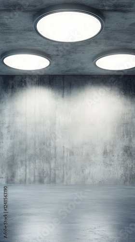 Empty Concrete Room with Stylish Circular Ceiling Lights. Modern Industrial Interior Design