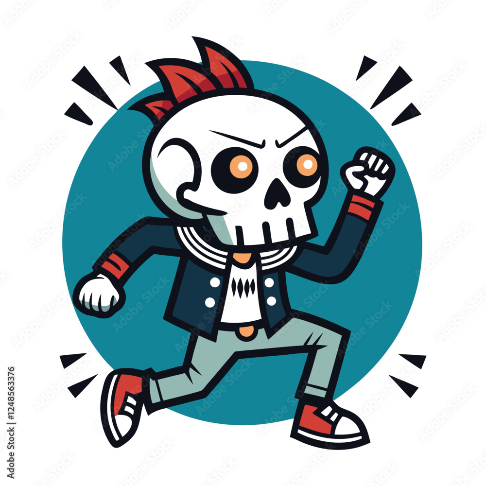 Fototapeta premium Cartoon punk skeleton character with mohawk running with determined expression
