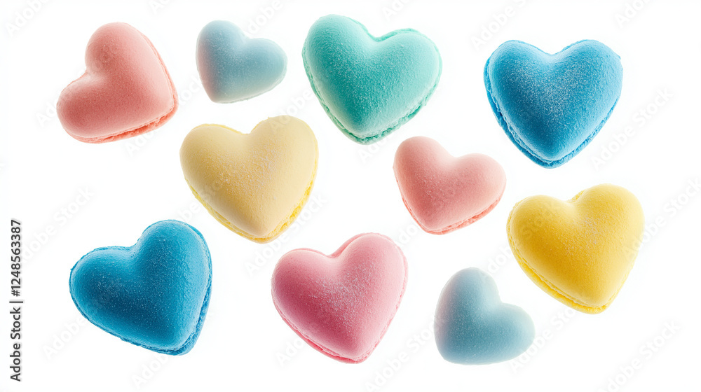 colorful macaroons on a table, heart-shaped pink and red macarons, Valentine's day, dessert colorful macaroons on a table, heart-shaped pink and red macarons, Valentine's day, dessert