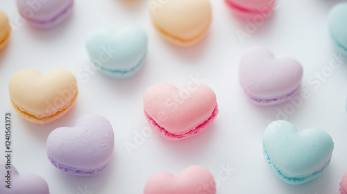 colorful macaroons on a table, heart-shaped pink and red macarons, Valentine's day, dessert