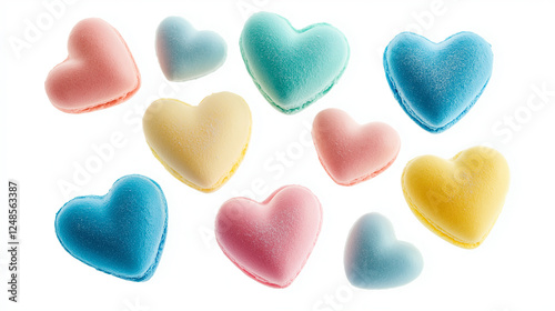 colorful macaroons on a table, heart-shaped pink and red macarons, Valentine's day, dessert