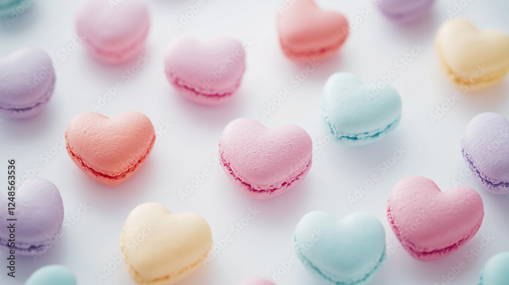 colorful macaroons on a table, heart-shaped pink and red macarons, Valentine's day, dessert colorful macaroons on a table, heart-shaped pink and red macarons, Valentine's day, dessert