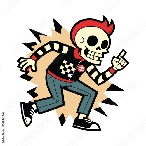 Cartoon skeleton character in retro ska clothing with checkerboard design