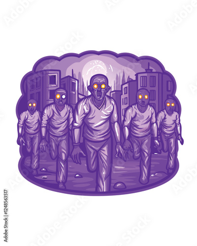 A horrifying horde of decaying zombies, flesh torn and hanging, with intensely glowing eyes, shambling forward.