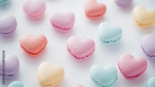 colorful macaroons on a table, heart-shaped pink and red macarons, Valentine's day, dessert
