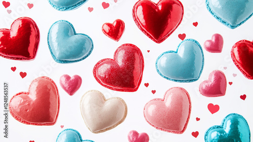 colorful macaroons on a table, heart-shaped pink and red macarons, Valentine's day, dessert