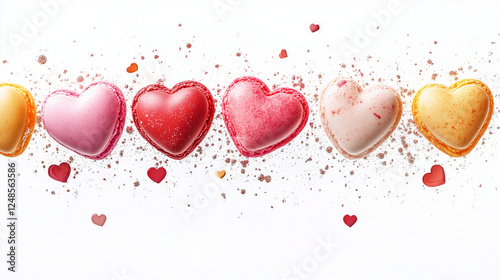 colorful macaroons on a table, heart-shaped pink and red macarons, Valentine's day, dessert