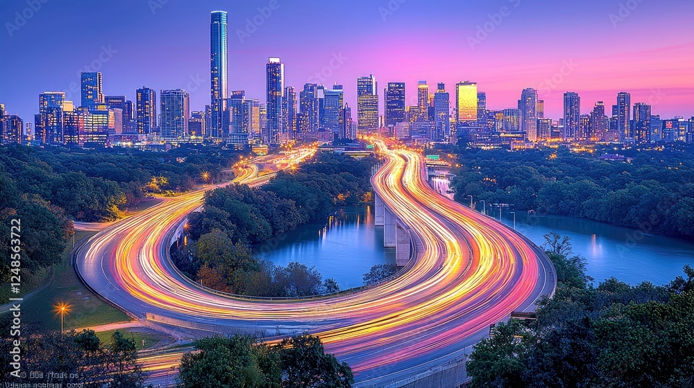 Fototapeta premium Captivating Cityscape at Dusk: Vibrant Skyline, Illuminated Highway, and Serene River. A Breathtaking Night View of Urban Marvels and Natural Beauty