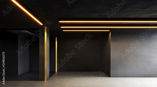 Empty Modern Room with Stylish Lighting, Modern Interior Design, Dark Concrete Walls