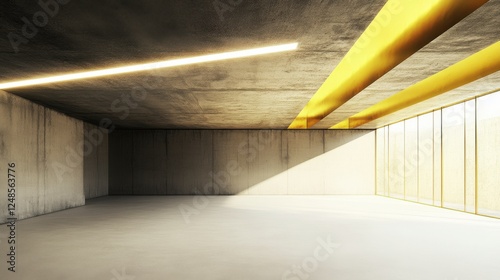 Stunning Empty Modern Concrete Building Interior with Golden Accents