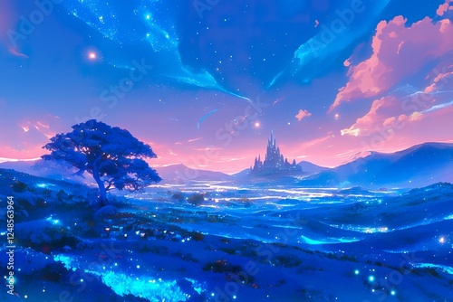 Illustration of a fantasy landscape with bright lights and a dreamy night sky. photo