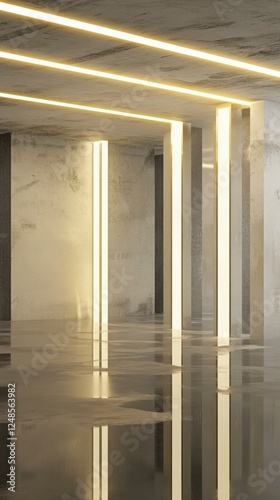 Modern Minimalist Concrete Interior Design with Elegant Lighting. Stunning Architectural Spaces. Contemporary Concrete Structure. 