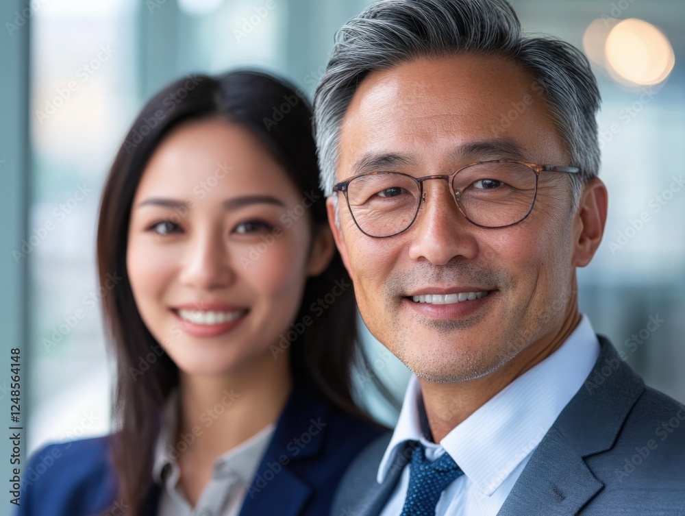 two asian business people smiling at the camera two asian business people smiling at the camera