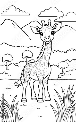 Black and white simple line art illustration of a cute Giraffe smiling, perfect for kids' coloring books.