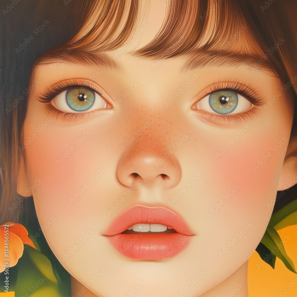 close-up of a girl with striking green eyes and freckles, artistic rendering close-up of a girl with striking green eyes and freckles, artistic rendering