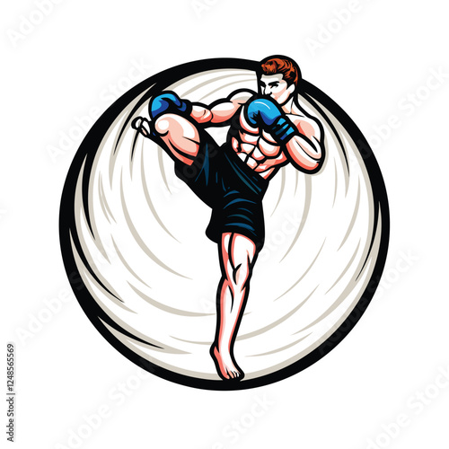 A powerful kickboxer, wearing black shorts and blue gloves, executes a dynamic spinning kick.  High-action martial arts pose.