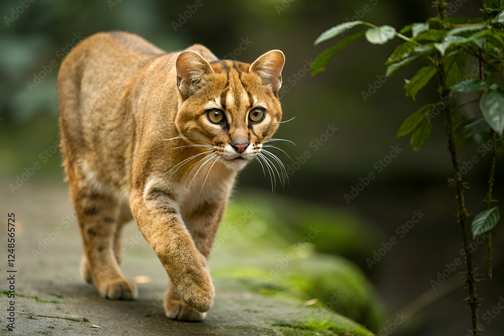 A slender, orange cat-like animal walks gracefully through a lush, green environment, showcasing its striking features and keen gaze. A slender, orange cat-like animal walks gracefully through a lush, green environment, showcasing its striking features and keen gaze.