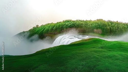  Realistic aerial view of Skogafoss waterfall, Iceland--panoramic nature landscape with mist, lush green cliffs, and flowing water.