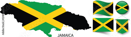 The different designs of Jamaica's national flags and the map showing Jamaica's borders
