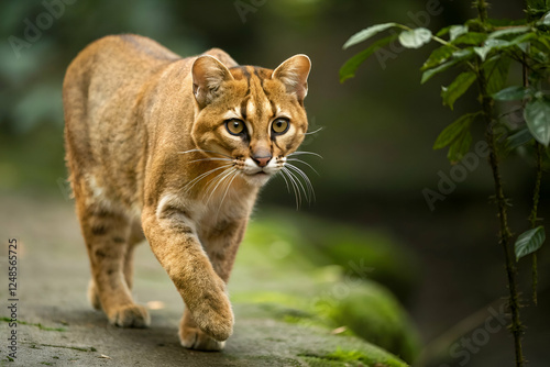 A slender, orange cat-like animal walks gracefully through a lush, green environment, showcasing its striking features and keen gaze. photo