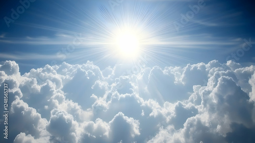 Sunny sky above fluffy clouds.  Inspirational background