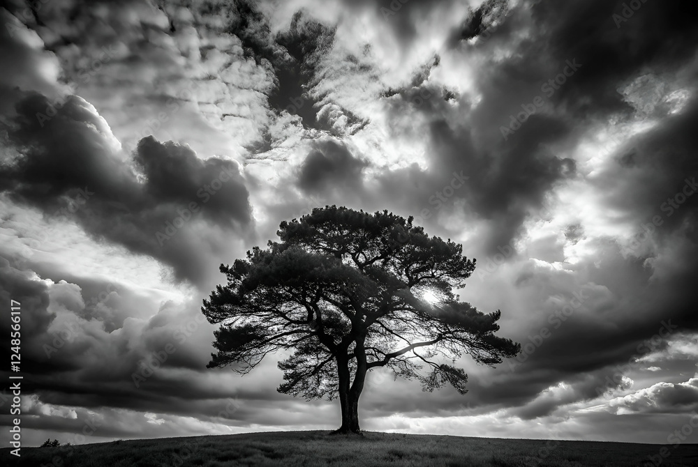 Obraz premium A solitary tree stands against a dramatic black-and-white sky, with swirling clouds creating a moody and atmospheric backdrop.