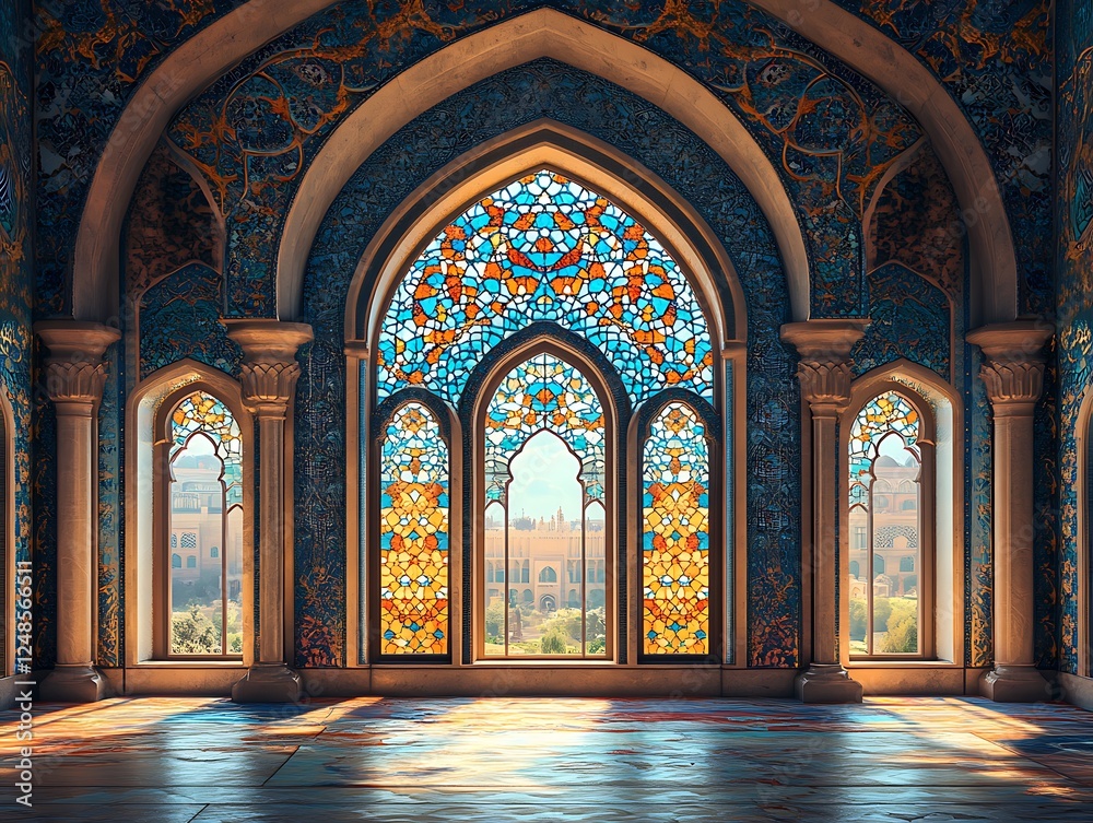 Elegant Arched Windows with Stained Glass Illuminating a Vibrant Room Elegant Arched Windows with Stained Glass Illuminating a Vibrant Room