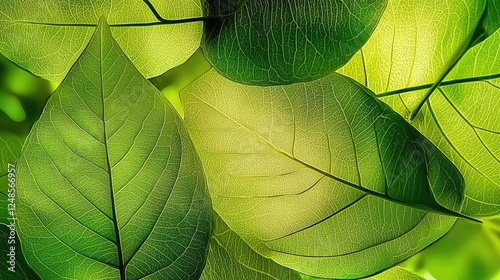 Realistic close-up of lush green foliage texture, vibrant leaves with natural lighting and rich details. 