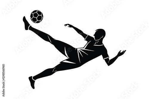 A silhouette vector illustration of a male soccer player performing a bicycle kick.eps