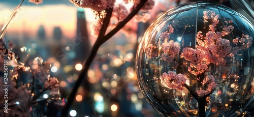 Cherry Blossom Reflection in Glass Sphere, Cityscape Background, Evening Light, Blooming Flowers, Urban Landscape, Dreamy Atmosphere, copy space for text photo