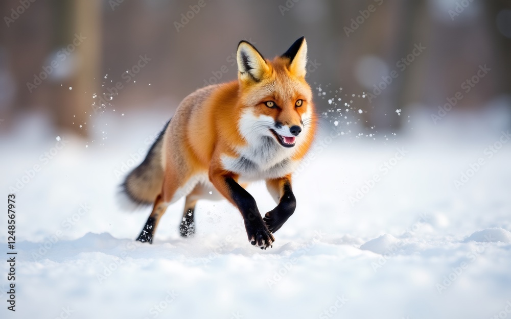 Fototapeta premium A lively red fox bounding through a snowy landscape, showcasing its vibrant fur and playful demeanor.